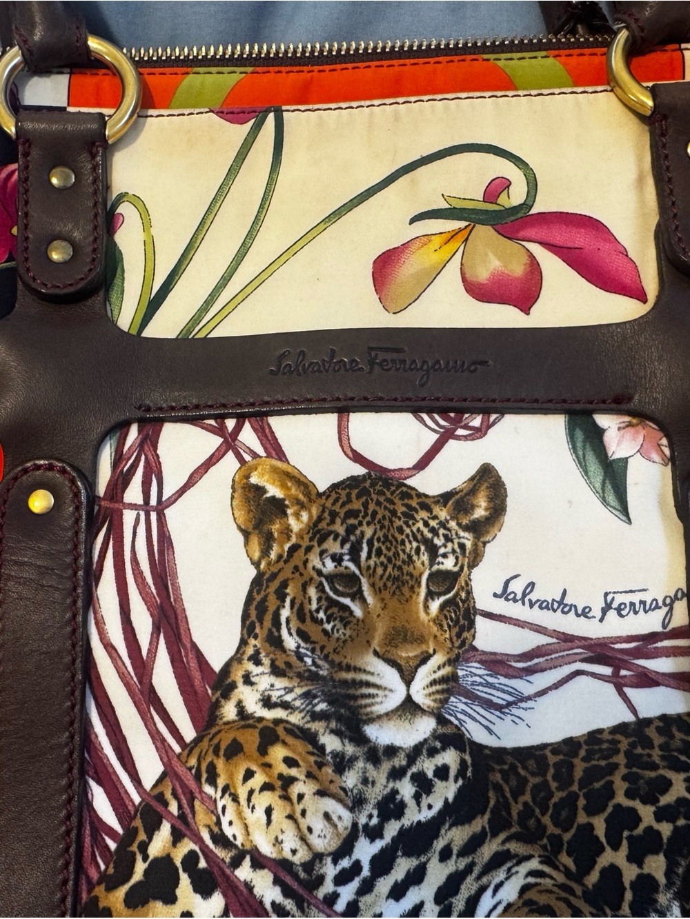 Salvatore Ferragamo Multicolor Leopard Panel Leather-Trim Tote - Picture 5 of 16